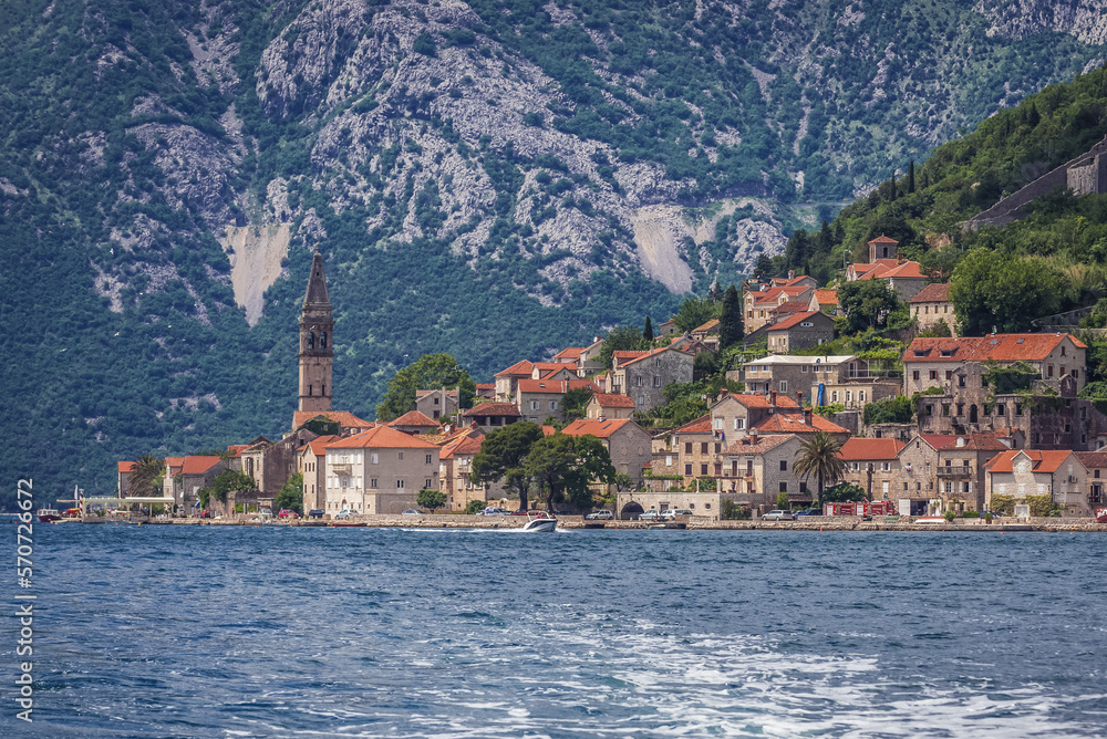 View from sea on Perast village on the shore of Kotor Bay, Montenegro