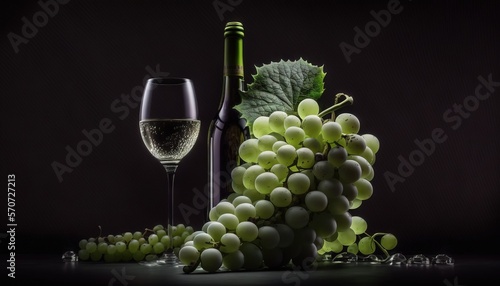  a glass of wine next to a bunch of grapes and a bottle of wine on a black background with a green leafy stem and a stem.  generative ai