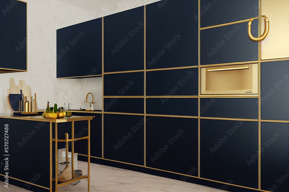 Navy blue kitchen doors and golden metal kitchen handles