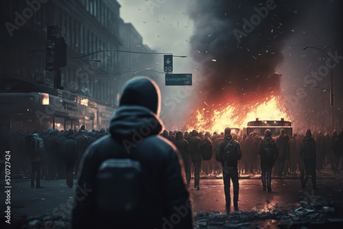 Riots on the street, uproar, city rampage, urban civil unrest disturbance concept illustration, genereative ai
