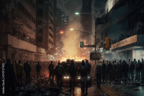 Riots on the street, uproar, city rampage, urban civil unrest disturbance concept illustration, genereative ai