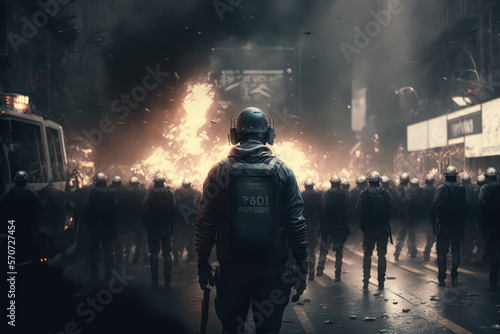Riots on the street, uproar, city rampage, urban civil unrest disturbance concept illustration, genereative ai
