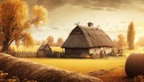  a painting of a rural scene with a barn and hay bails in the foreground and a tree in the foreground with a cloudy sky. generative ai