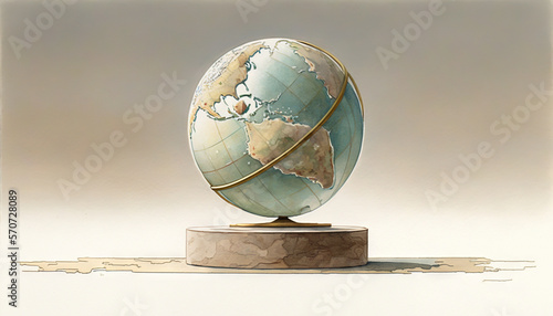  a drawing of a globe on a stand on a white background with a shadow of the earth on the ground and a white wall behind it.  generative ai photo