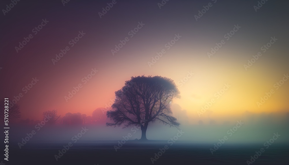  a lone tree in a foggy field with a colorful sky in the background and a yellow and red sky in the background with a few clouds.  generative ai