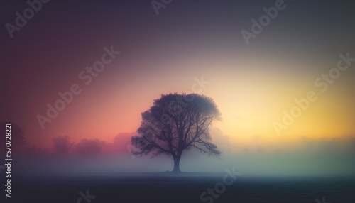  a lone tree in a foggy field with a colorful sky in the background and a yellow and red sky in the background with a few clouds. generative ai