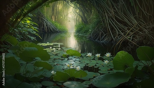  a painting of a swamp with lily pads and a light at the end of the tunnel that leads to a river surrounded by trees and water lillies. generative ai