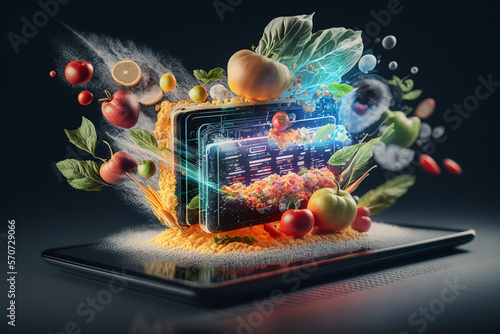 The arrival of FoodTech, innovation and digitalisation in the food industry, background, illustration, generative ai