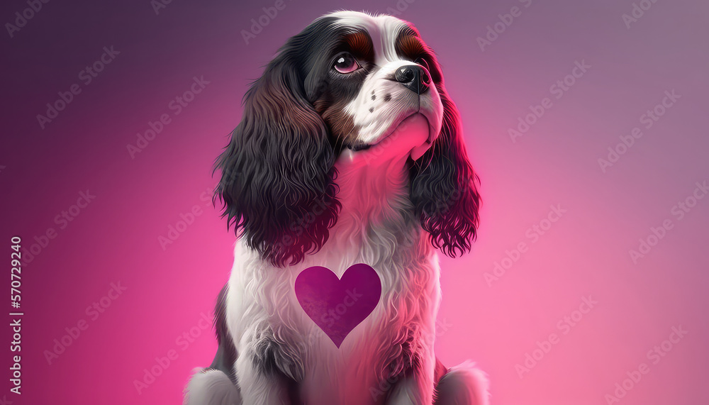 Illustration of small spaniel with hearts