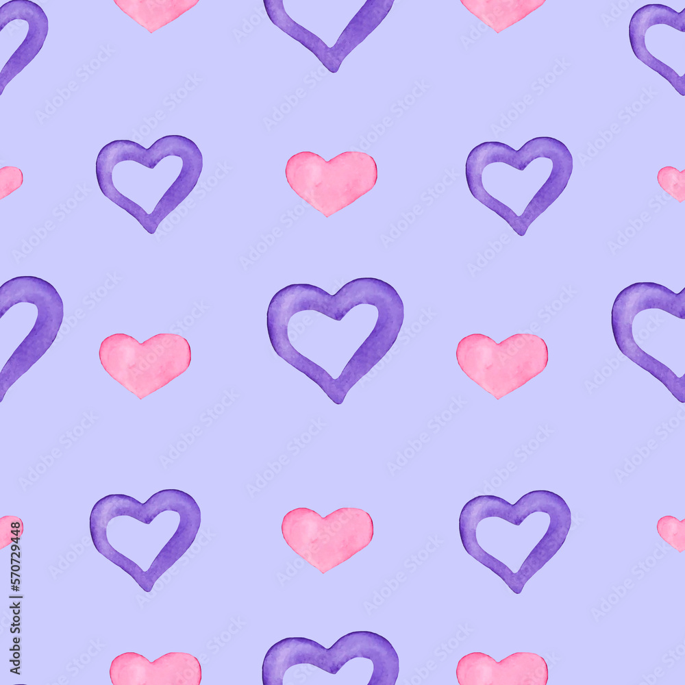 hand-drawn watercolor set with freestanding pink and purple hearts. For fabric, paper typography, for background images