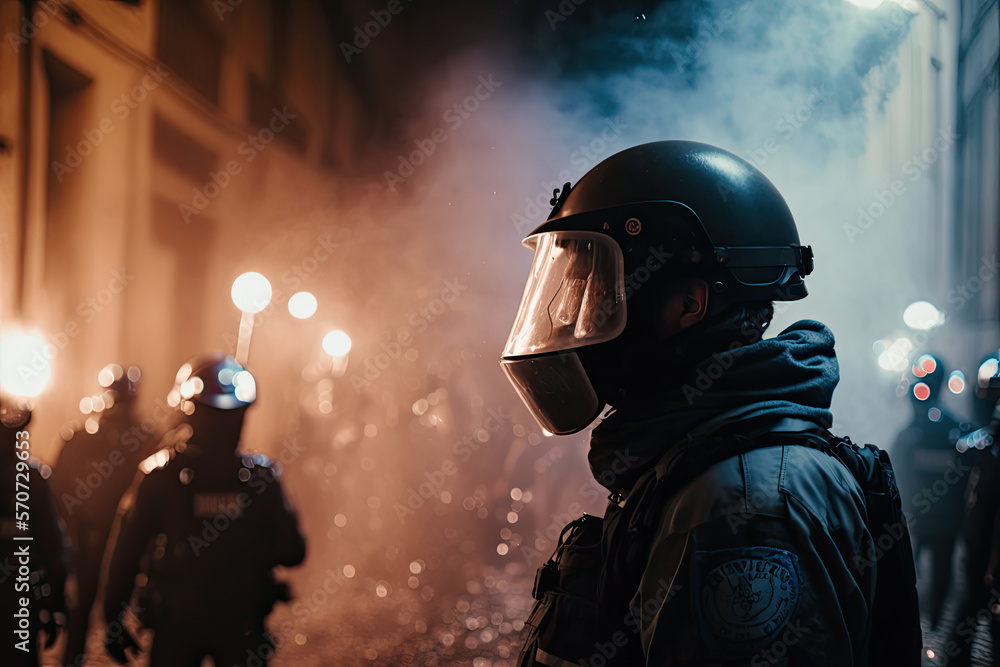 street protests. The police use tear gas against. Illustrations AI Generative