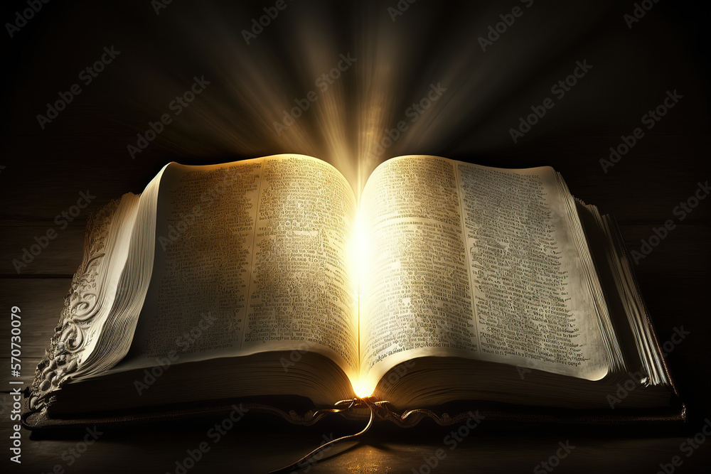 Holy Bible with light emitting from it, generative ai Stock