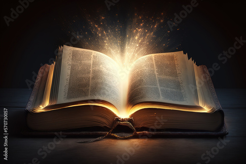 Open Holy Bible with light emitting from it, glowing lights in church, easter, generative ai