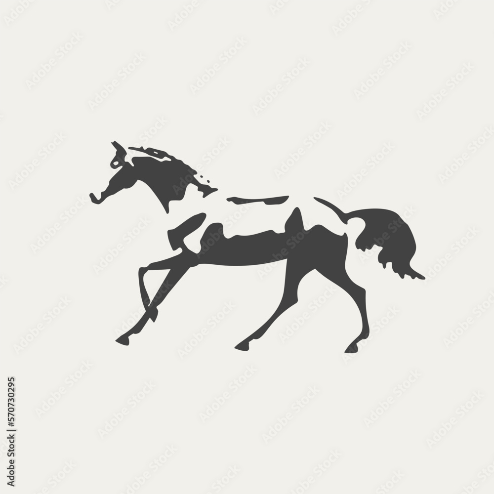 Cantering free horse, black and white vector outline