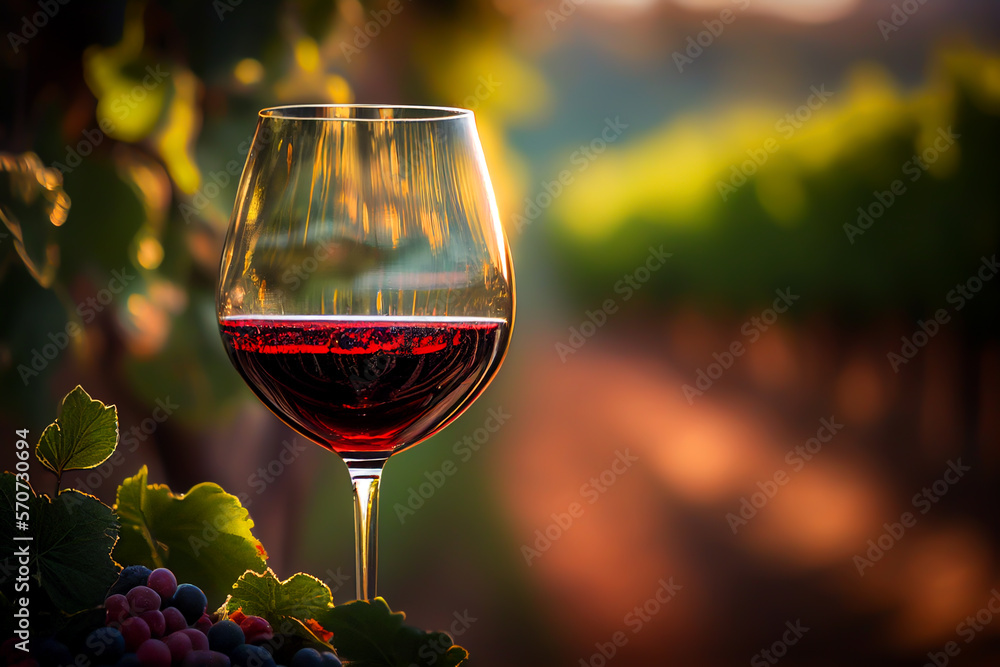 Glass of red wine with vine branches in vineyard. Wine With Grapes on vine landscape in France. Drink grape in agriculture farm. Wine harvest season in vineyard. Farmer winegrower or winemaker.