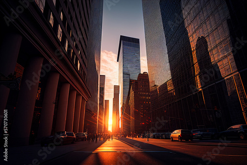 New York city skyscrapers. New York skyscraper at sunset, aerial view. NYC Cityscape financial district. Building in New York One World Trade Center. United States Ai Generative illustration.