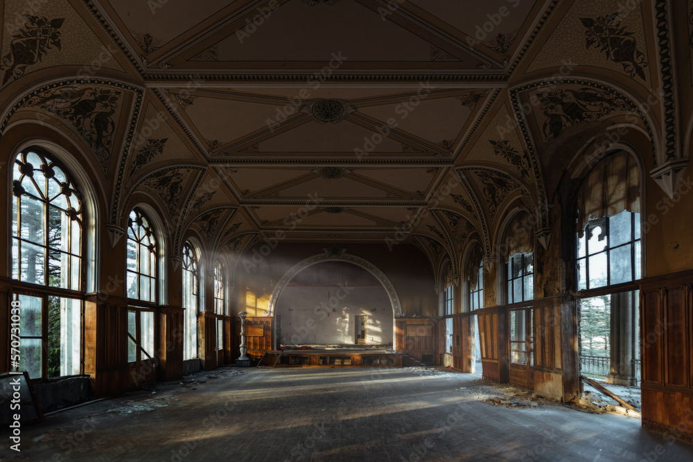 Large hall of abandoned building in gothic style Large hall of abandoned building in gothic style