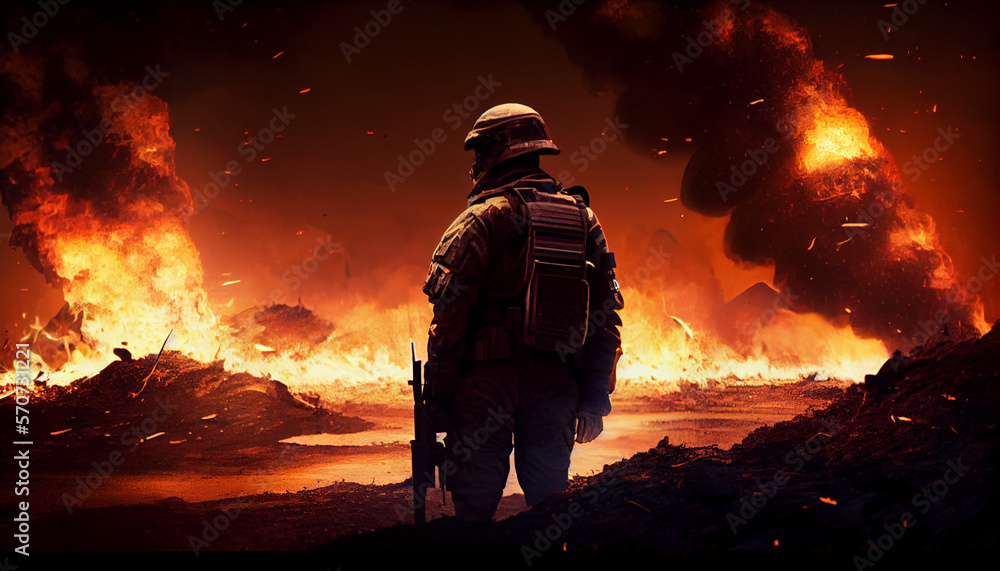 A solder looking at a burning battlefield, generative ai A solder looking at a burning battlefield, generative ai