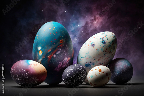 Dark background with easter eggs in space, abstract wallpaper. Ai Generative.