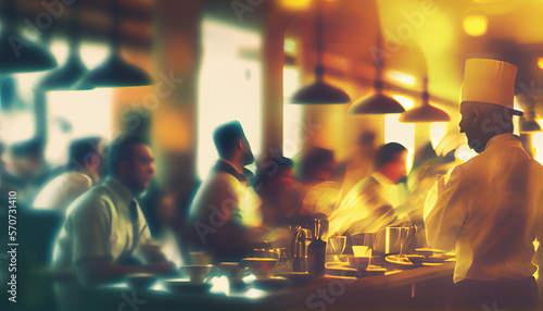 Blurred restaurant background with some peaple eating and waiters wotrking, generative ai © TheGoldTiger