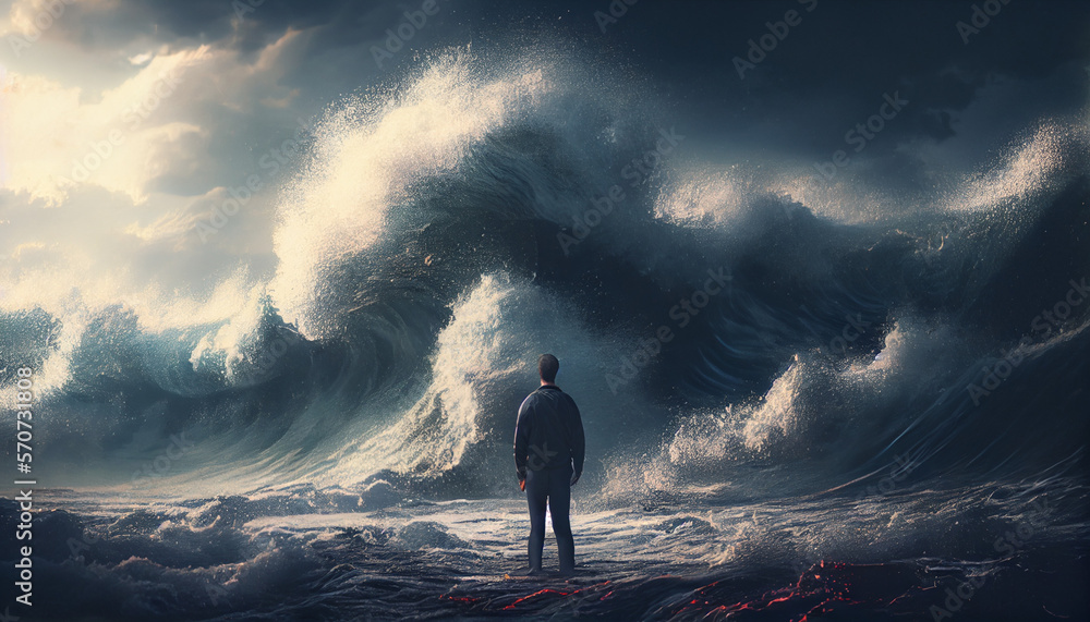 Disheartened man standing in the mid of sea turbulent and big waves, generative ai