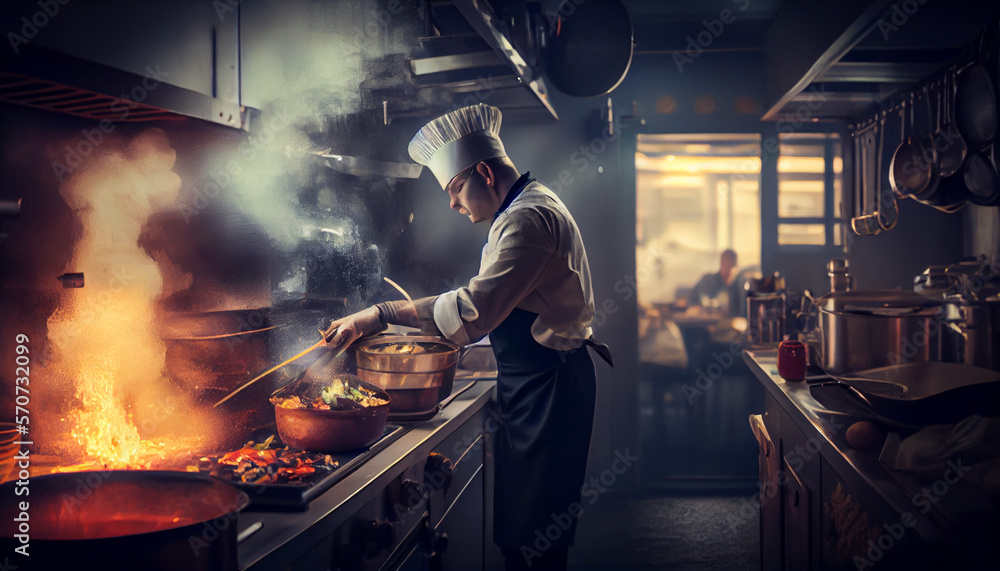 Chef preparing food in the kitchen of a restaurant, generative ai Chef preparing food in the kitchen of a restaurant, generative ai