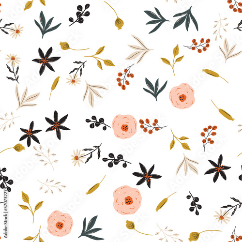 Seamless pattern with flowers. Vector flowers. Flat style. Leaves, bouquet, herbs. Textile