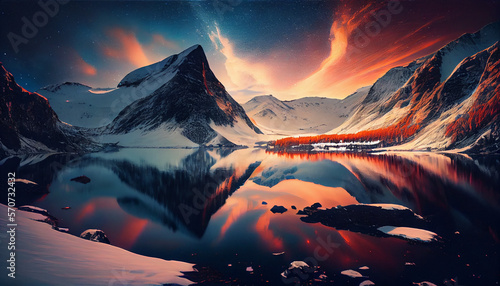 Scenic sunrise view of Norway line snow covered mountains, generative ai