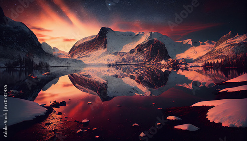 Scenic sunrise view of Norway line snow covered mountains, generative ai