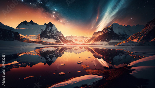 Scenic sunrise view of Norway line snow covered mountains, generative ai © TheGoldTiger