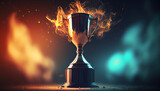 Winner trophy with flames and blurred background, generative ai