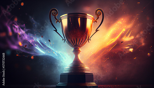 Photographie Winner trophy with flames and blurred background, generative ai