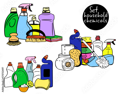 Set household chemicals. Cleaning services. cleaning products. Detergent laundry bottles and sponge for washing. Spray, sponge and brush, toilet paper. bottle with chemical agent and soap.