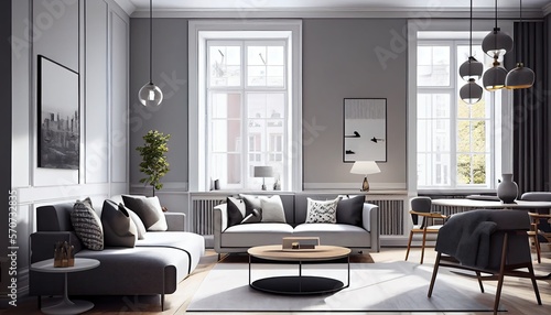 Modern scandinavian apartment interior design  bright natural light  large windows  modern furniture - generative ai