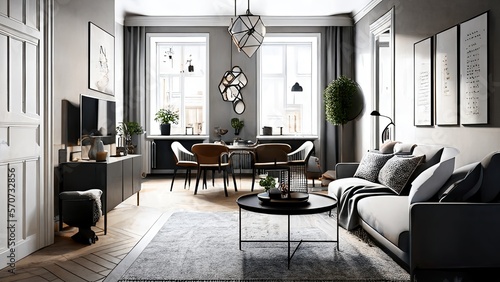 Modern scandinavian apartment interior design  bright natural light  large windows  modern furniture - generative ai