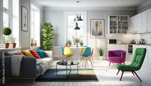 Modern scandinavian apartment interior design  bright natural light  large windows  modern furniture - generative ai