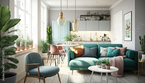 Modern scandinavian apartment interior design, bright natural light, large windows, modern furniture - generative ai © Infinite Shoreline