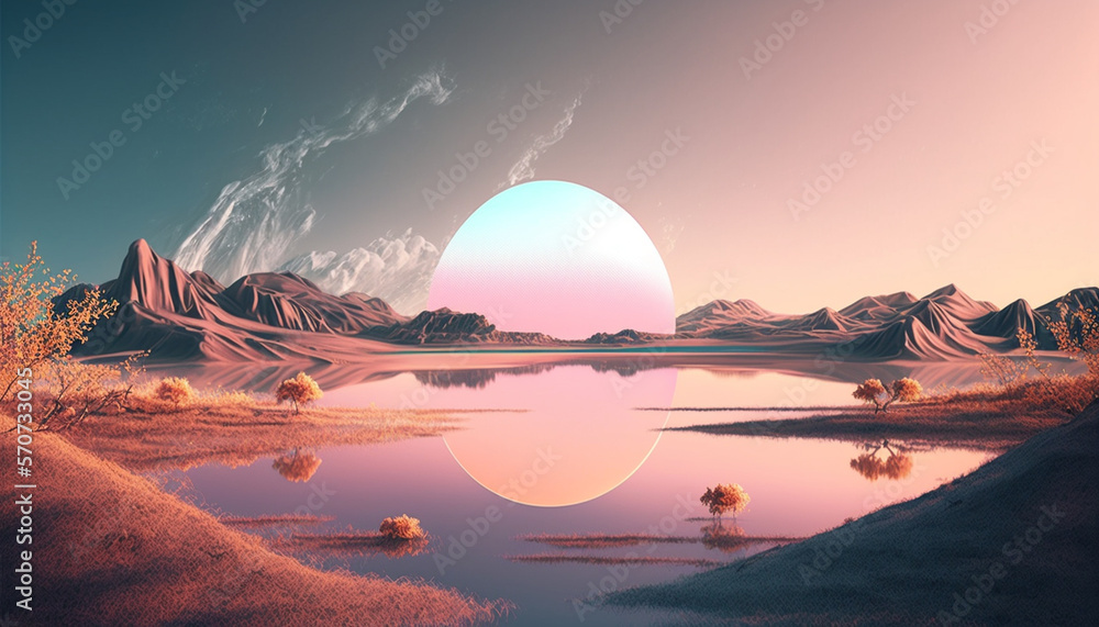 Surreal and Whimsical Pastel Dream-Like Landscapes, Futuristic High Quality Illustrations of Strange New Worlds and Planets, Collage Aesthetic. Vibrant Photo Realistic Space, Nature Sci-Fi Landscapes