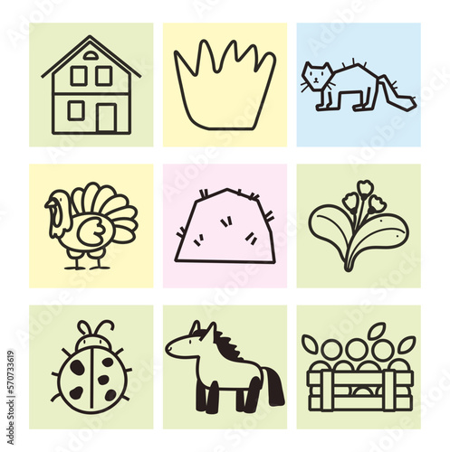farm  doodle set with cat, horse, ladybug, turkey
