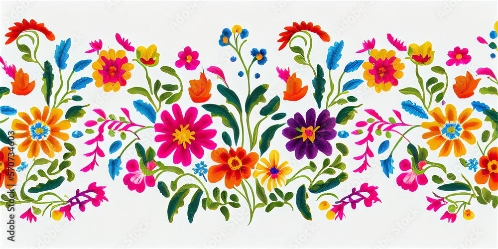 Colorful Mexican floral pattern on a white background, generative AI