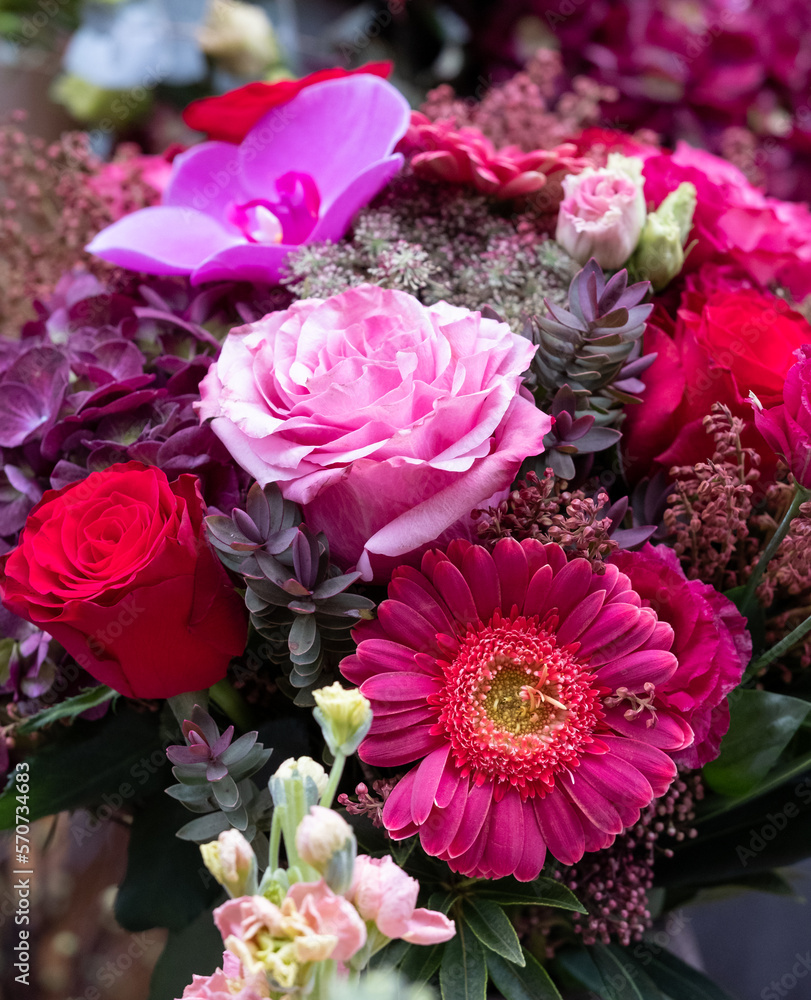 Mixed bouquet of flowers for Valentine's Day, photographed in a flower shop in London UK. Mixed bouquet of flowers for Valentine's Day, photographed in a flower shop in London UK.