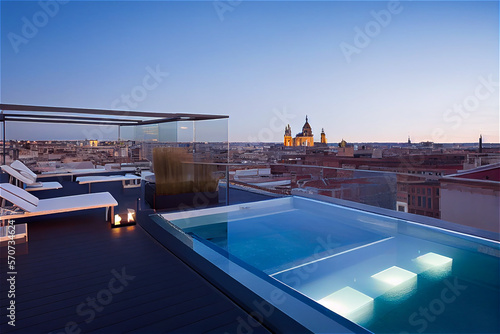 Impressive penthouse terrace with a swimming pool overlooking Madrid, generative AI