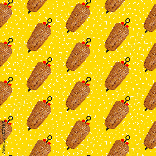 Shawarma Kebab pattern fast food. Seamless pattern. Concept of doner kebab, street food, barbecue, cuisine. Vintage design template, banner. Fresh vegetables. Vector hand drawn sketch illustration.