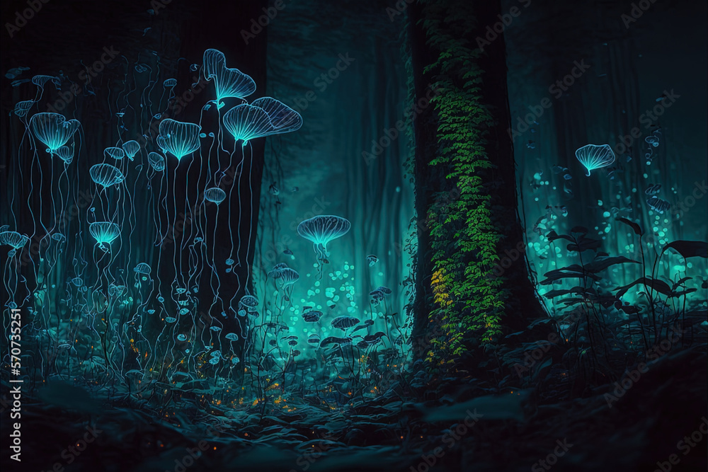 Fototapeta premium Bioluminescence infused forest scene at night 