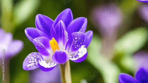closeup of blooming violet snow crocuses flower in winter with some snow on floor head, generative AI