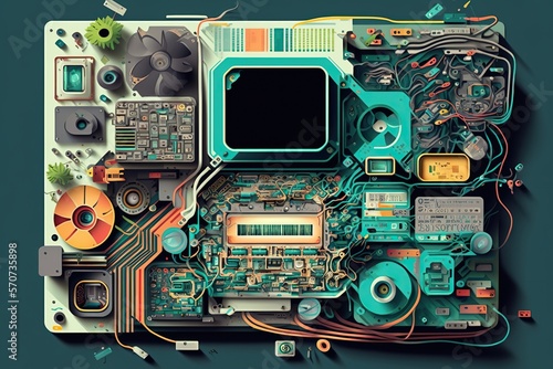 Illustration of computer hardware with colorful circuit boards chips, concept of Technical Sophistication and Graphic Design, created with Generative AI technology
