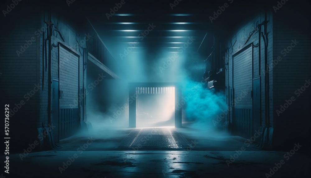 A dark empty building, dark blue background, empty dark scene, neon light, spotlights. Room with smoke float up the interior texture. Night view. illustration