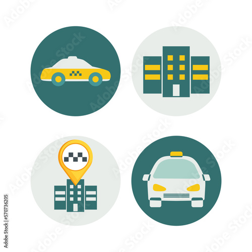 A set of Vector illustrations of the taxi service. Taxi car, taxi service, taxi company.