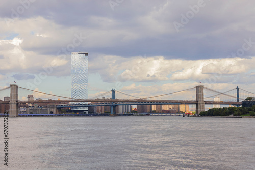 Gorgeous view of Hudson river, Manhattan skyscrapers and Brooklyn bridge. USA. New York. 