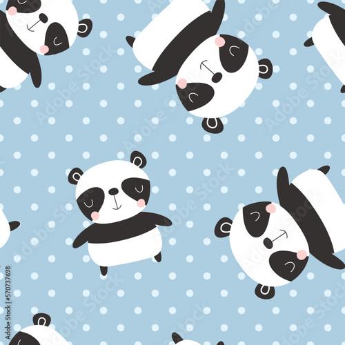 Fototapeta Naklejka Na Ścianę i Meble -  Cute panda bear blue background polka dot texture baby girl and boy seamless pattern for fabric and textile print, wrapping paper bright vector design